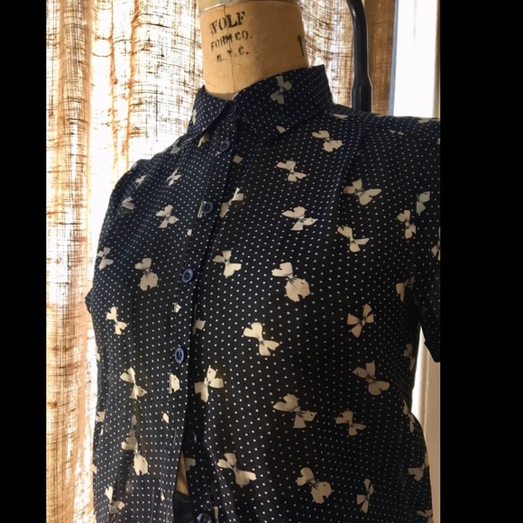 Sheer Navy Button Up Blouse with Bows + Polka Dots - Picture 7 of 8